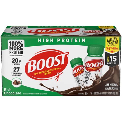 This chocolate drink provides 15 grams of protein per serving and 24 vitamins and minerals, including Iodine and Selenium to help support normal thyroid function, Calcium and Vitamin D to support strong bones and Biotin and Zinc to support skin and hair. . Walmart boost protein drink